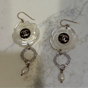 CHANEL Diamond, White and Gold Pearl Floral Drop Earrings